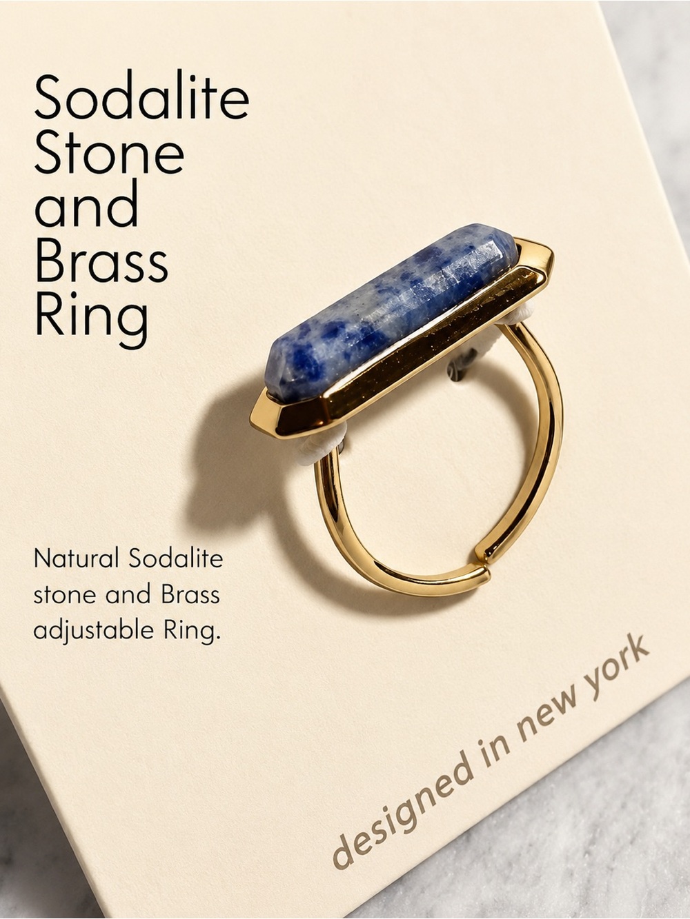 Natural Sodalite stone and Brass adjustable Ring